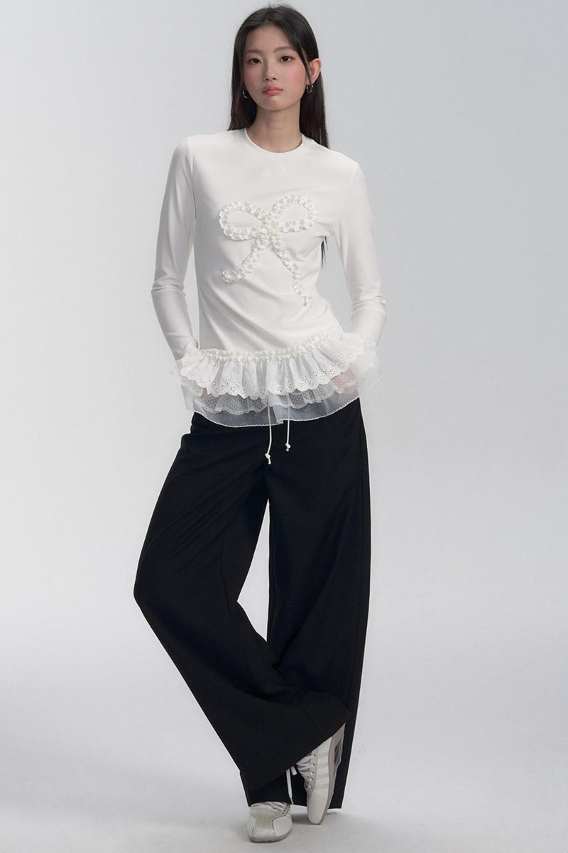 Ruffle Bow Lace Trim Sweater