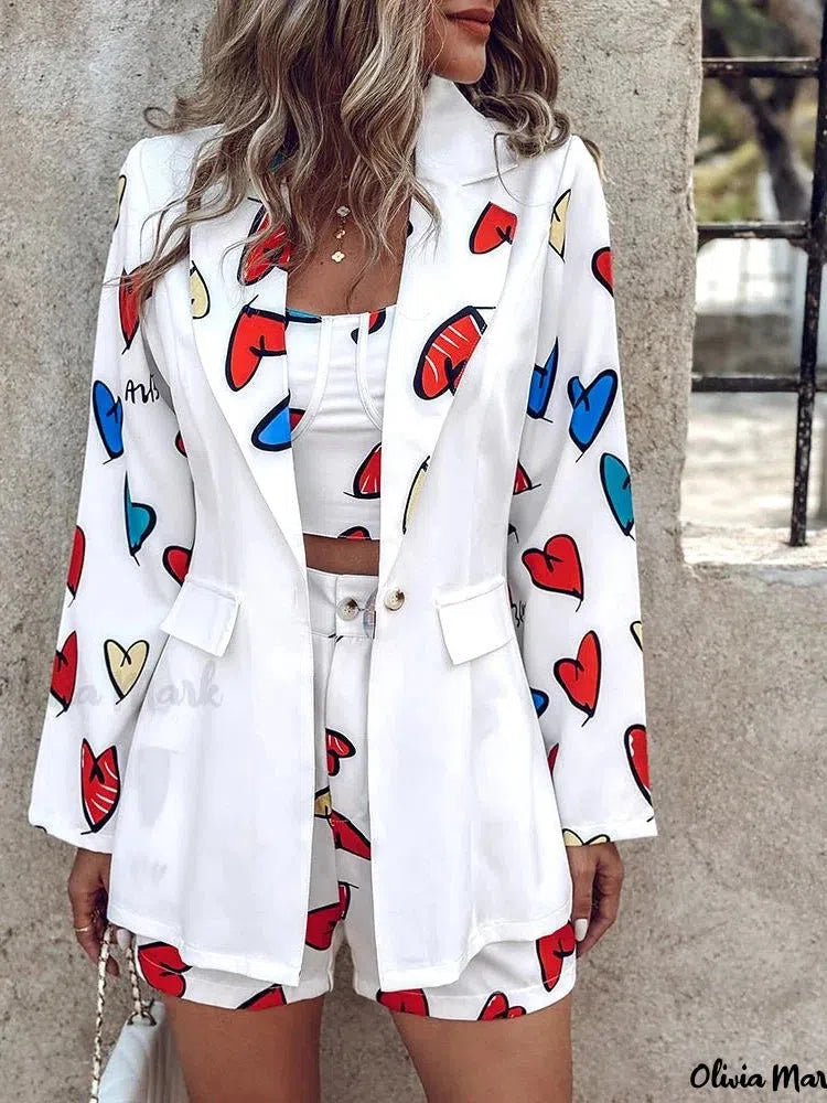 Heart Print Cami Top & Shorts With Long Blazer 3 Piece Coord Set
