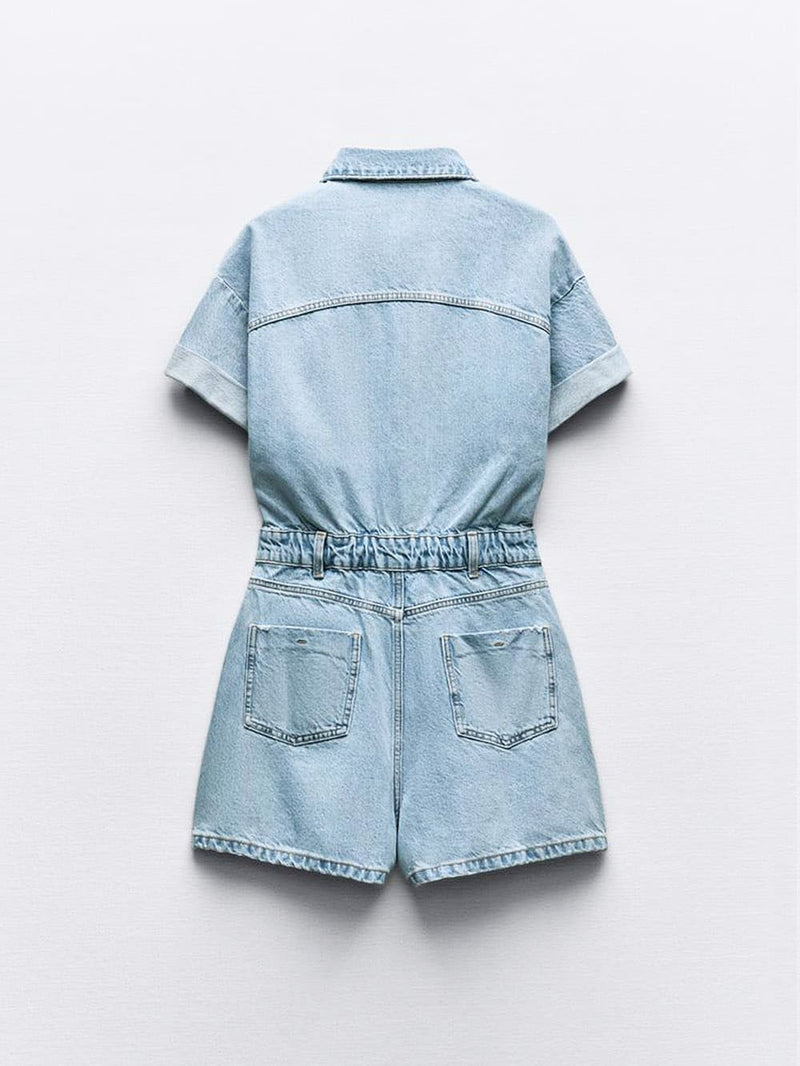 Mini Denim Cuffed-romper-blue