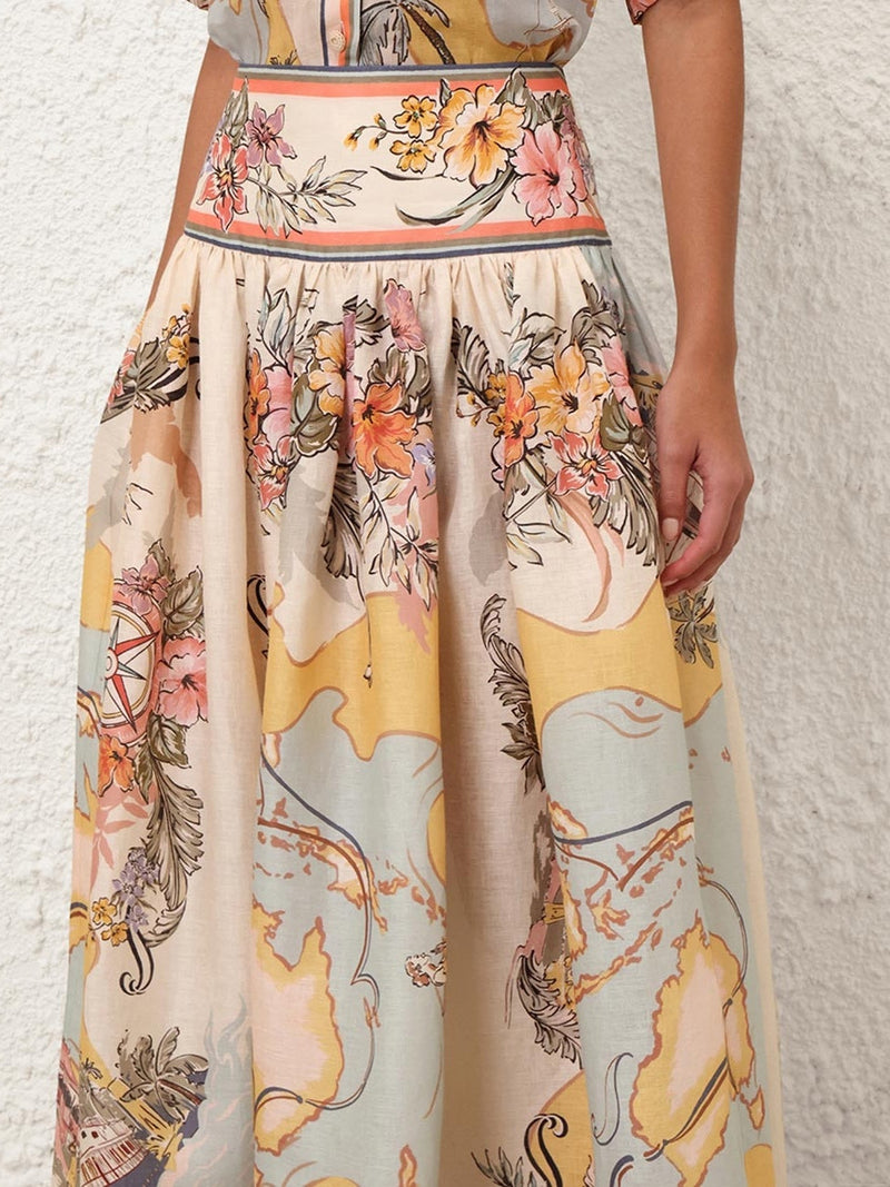 Nautical Map Print Midi Skirt