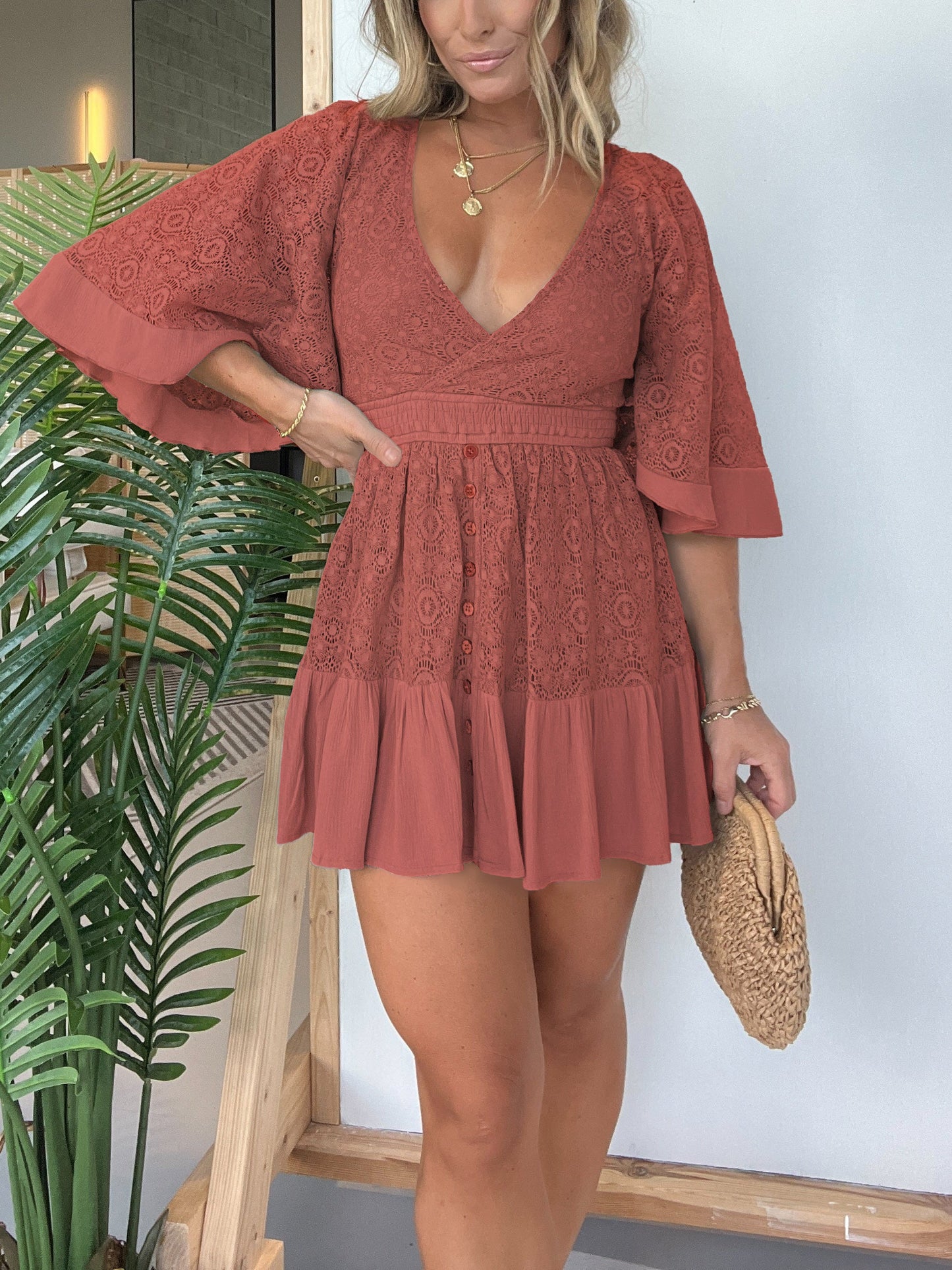 Lace Crochet Romper Dress With Built-in Shorts