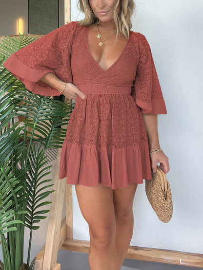 Lace Crochet Romper Dress With Built-in Shorts