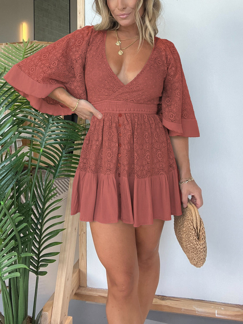 Lace Crochet Romper Dress With Built-in Shorts