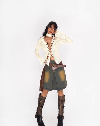 Nico Molly Lace-up Textured Cardigan - Ivory and Black ()