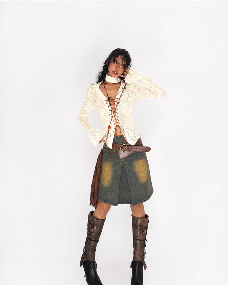 Nico Molly Lace-up Textured Cardigan - Ivory and Black ()
