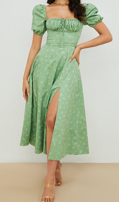 Puff Sleeve Midi Dress in Green