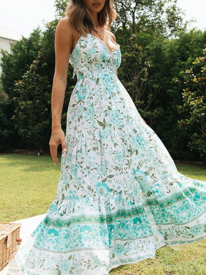 Lace Up V Neck Backless Maxi Dress