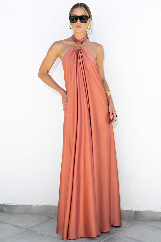 Satin Maxi Long Dress: Backless Halter Neck