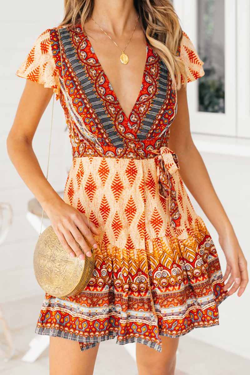 Spring and Summer Retro V-neck Print Short Sleeves Mini Dress