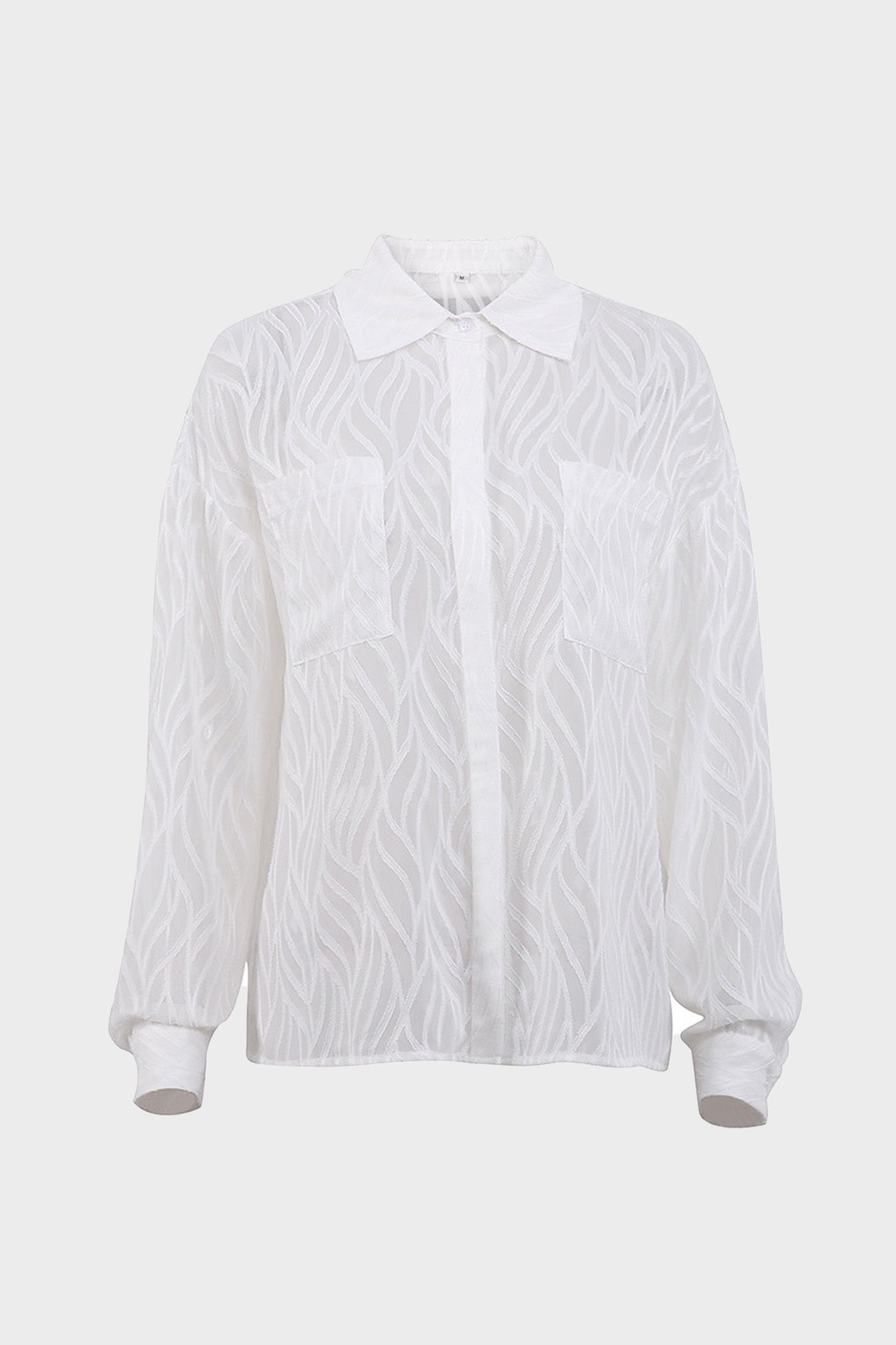 Sheer Textured Button-up Long Sleeve Blouse