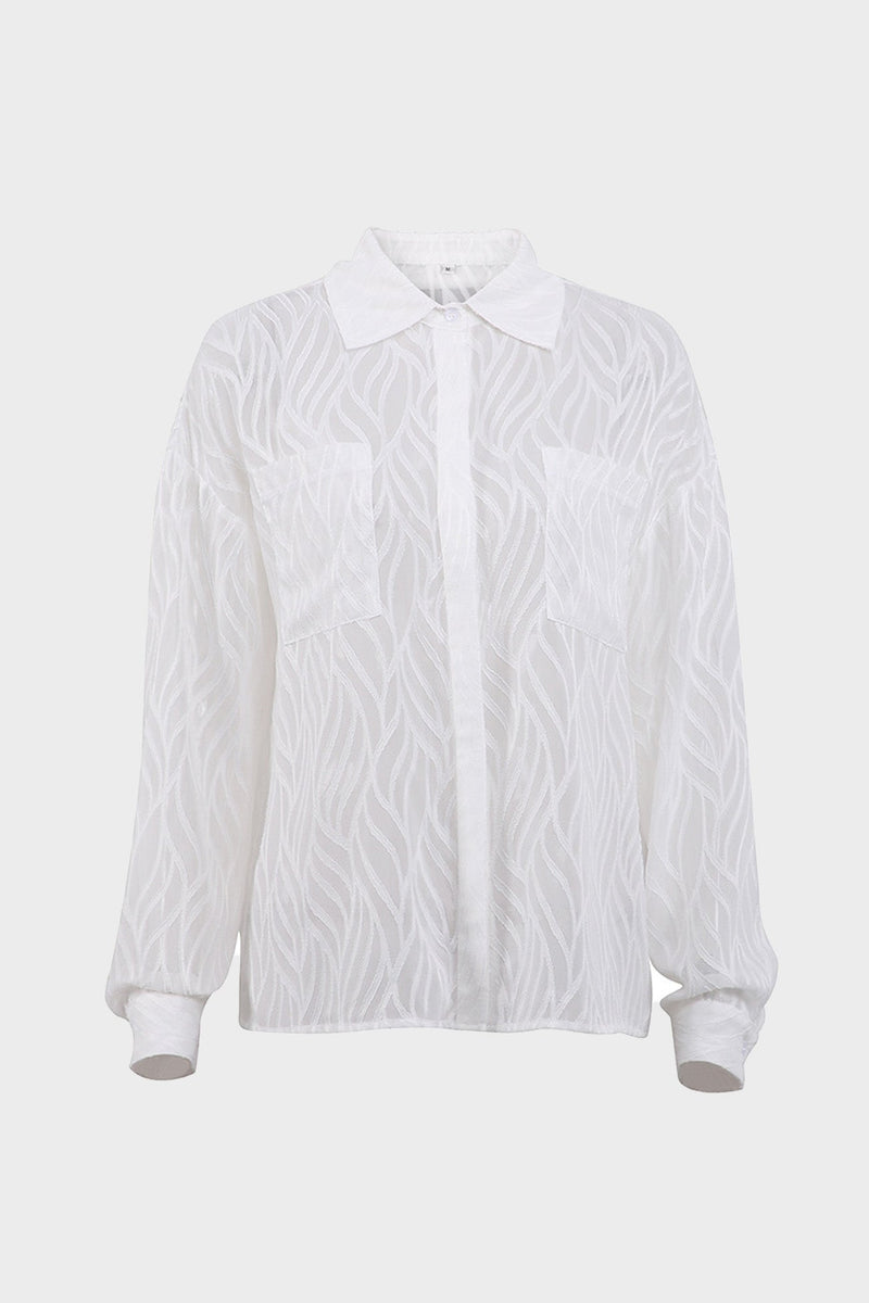 Sheer Textured Button-up Long Sleeve Blouse