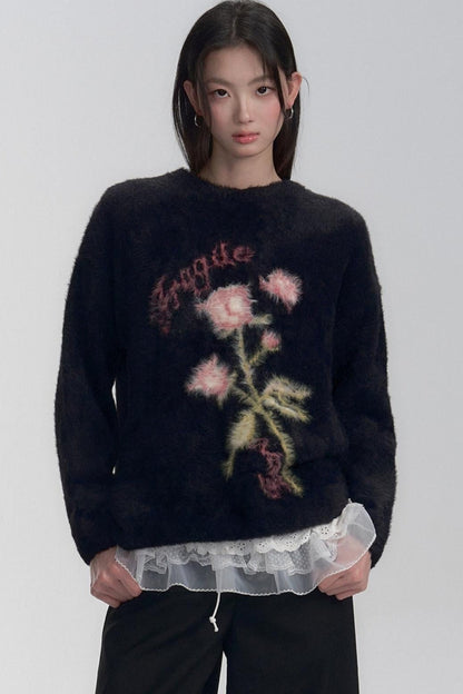 Embroidered Fuzzy Sweater