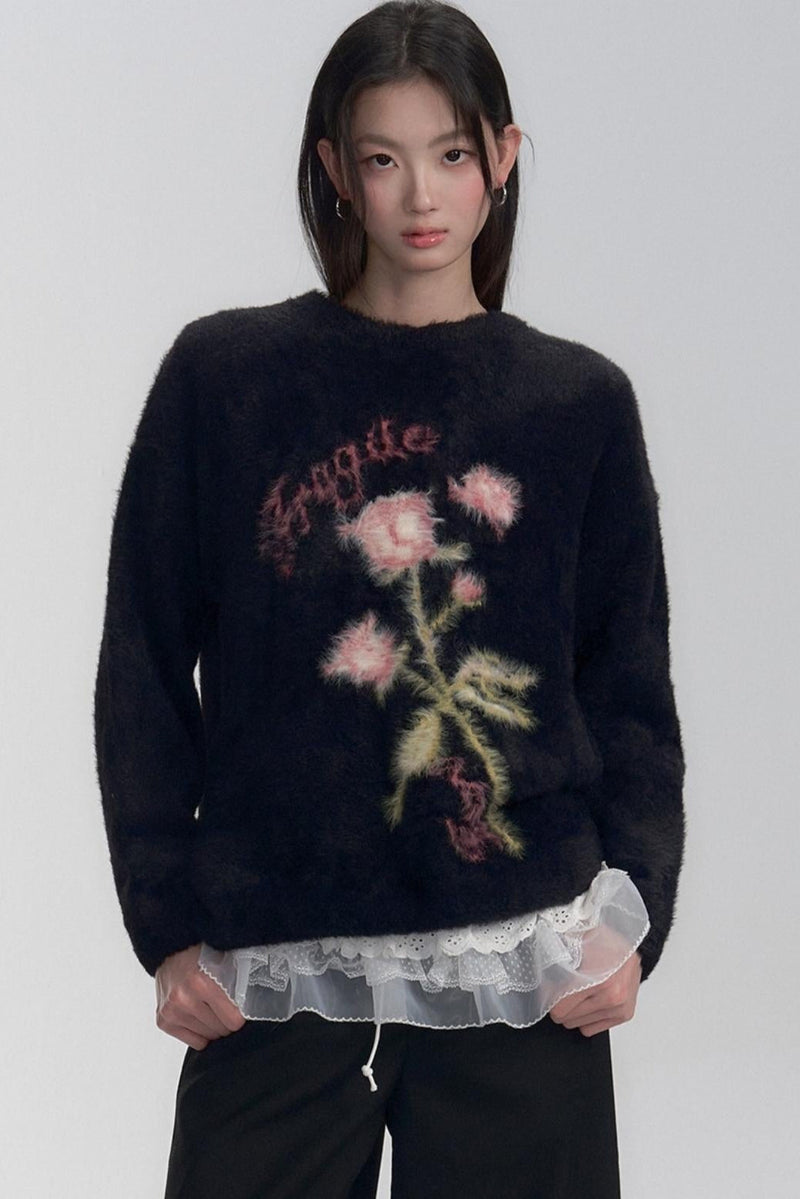 Embroidered Fuzzy Sweater