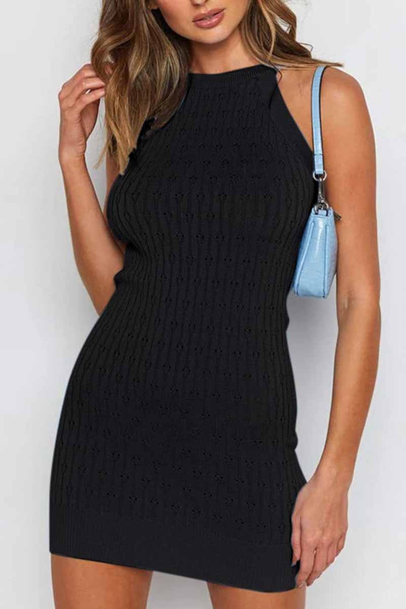 Color Sleeveless Striped Knitted Bag Hip Mini Dress