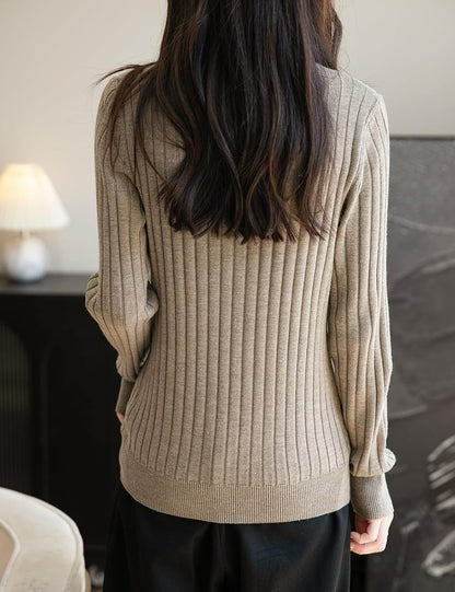 Merino Wool Blend Color Block Stand Collar Sweater