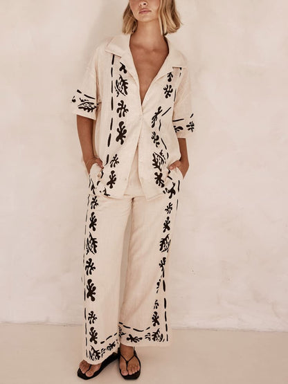 Black Printed Cream Shirt Pant Set