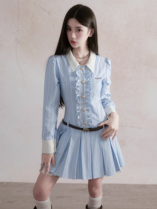 -inspired Ruffled Chambray Mini Dress With Belt