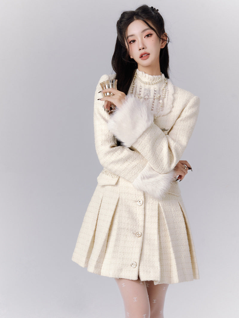 Ivory Tweed Coat Dress With Fur-trimmed Cuffs