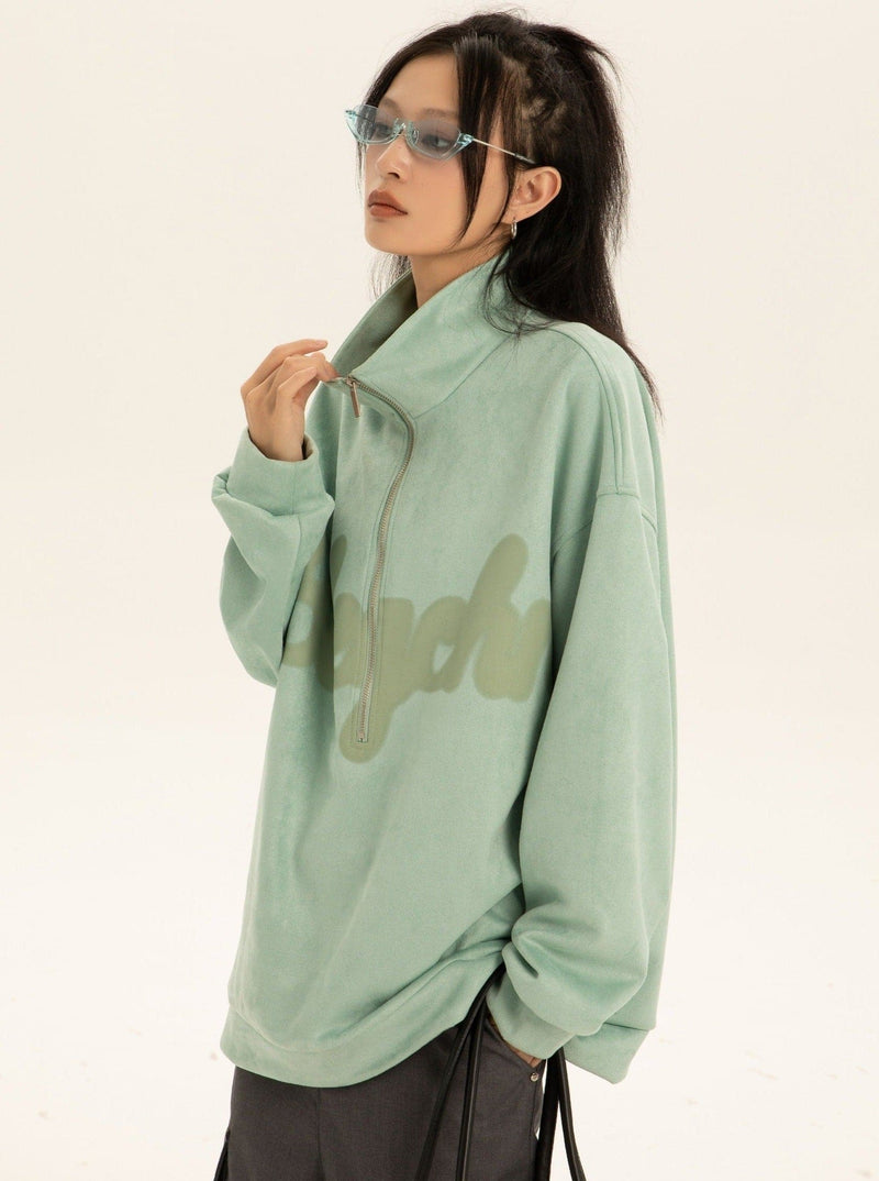 Oversized Suede Sweatshirt With Zipper Polo Collar