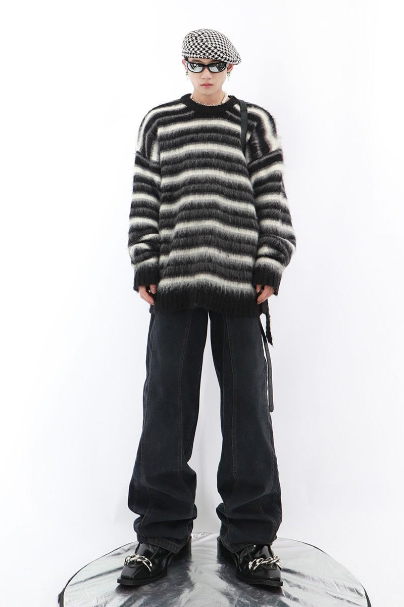 Striped Mohair Cable Knit Sweater