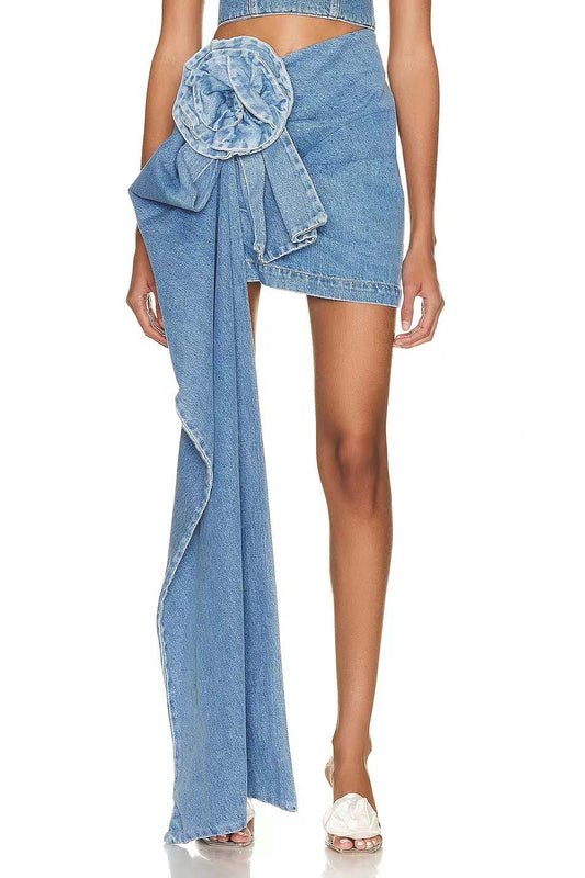 Denim Mini Skirt With 3d Roses