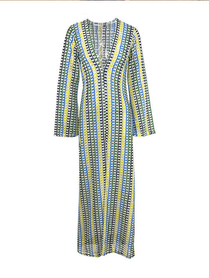 V Neck Bell Sleeve Wavy Striped Crochet Beach Vacation Maxi Dress - Yellow