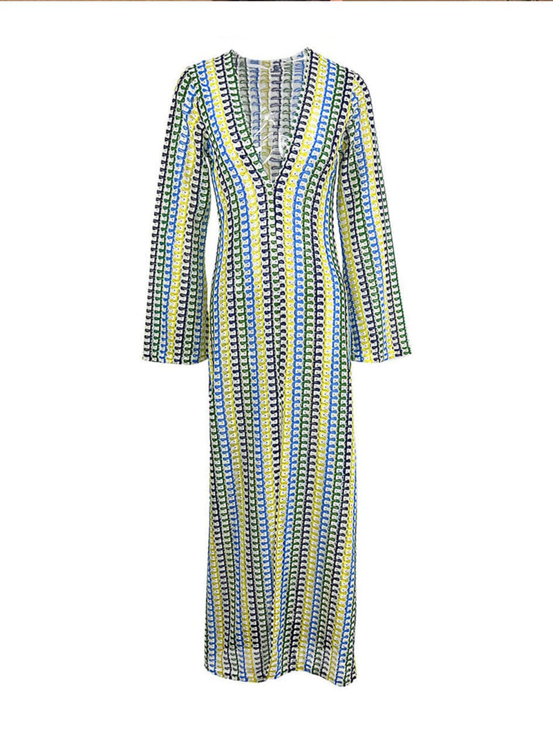 V Neck Bell Sleeve Wavy Striped Crochet Beach Vacation Maxi Dress - Yellow