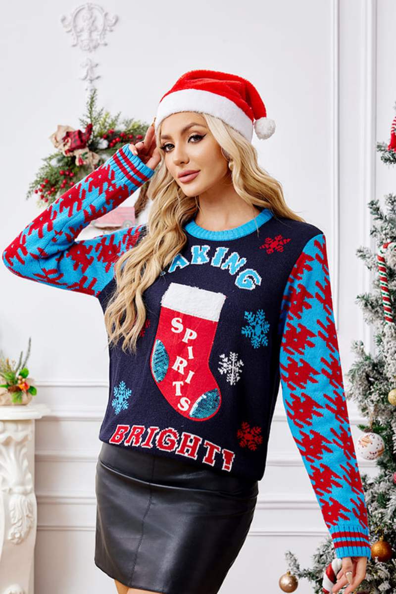 Christmas Socks Embroidery Knit Sweater