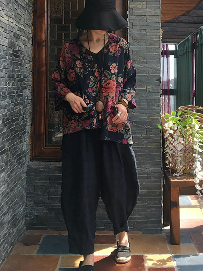 V-neck Long Sleeve Cotton Blouse Shirt Oo1030