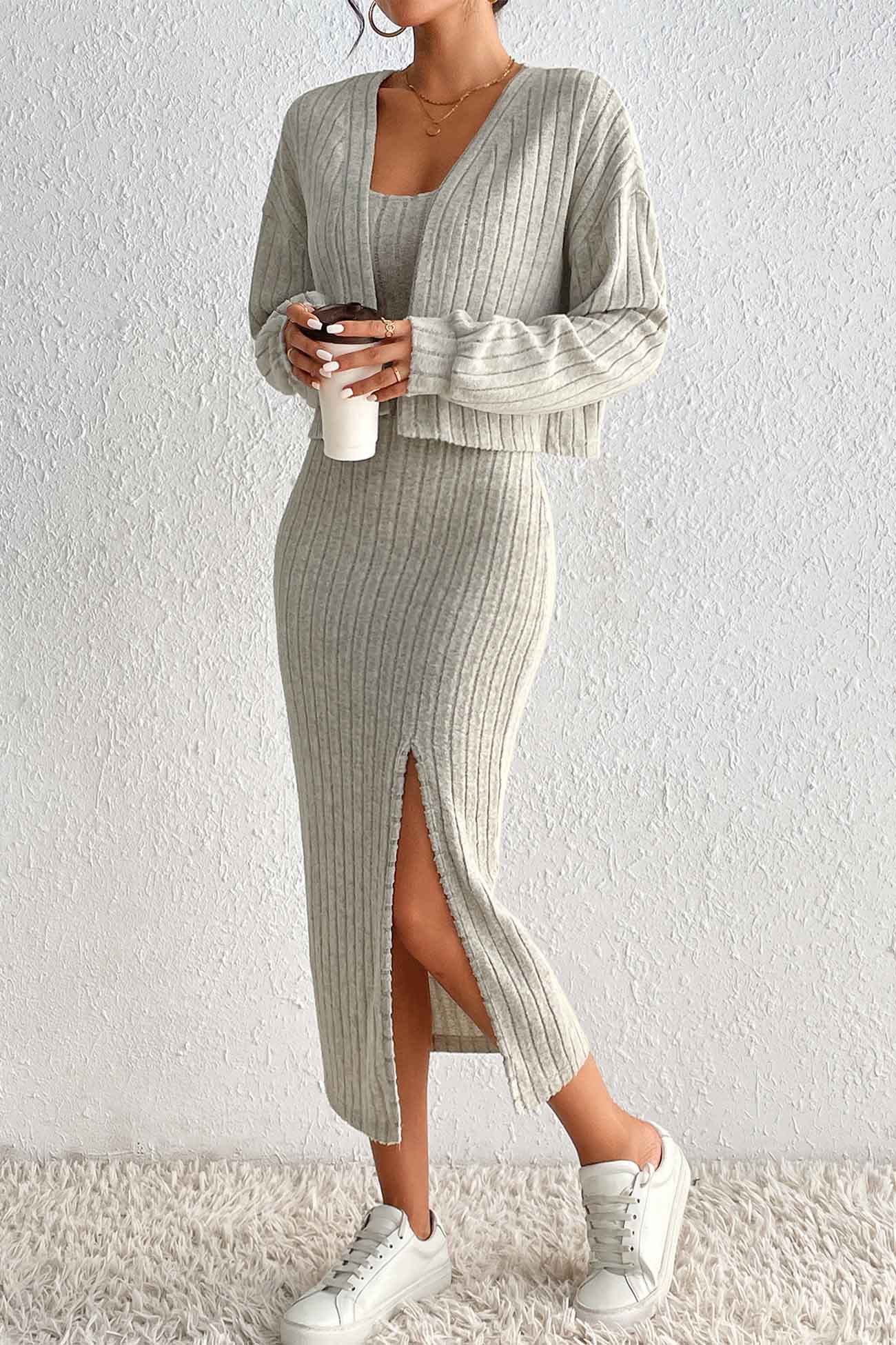 Long Sleeve Cami Dress Cardigan Knitted Set