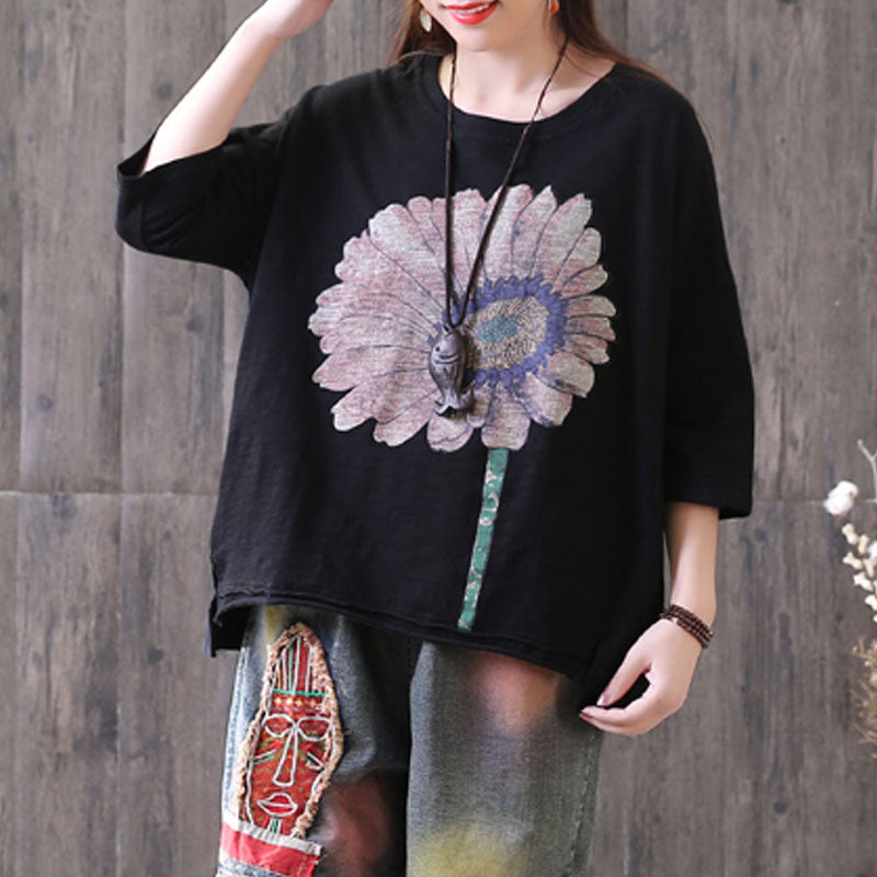 Short Sleeve Sunflower Printed T-shirt Qw1052