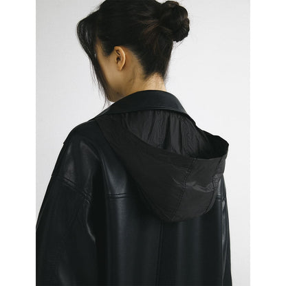 Black Leather Hooded Coat With Oversized Zipper
