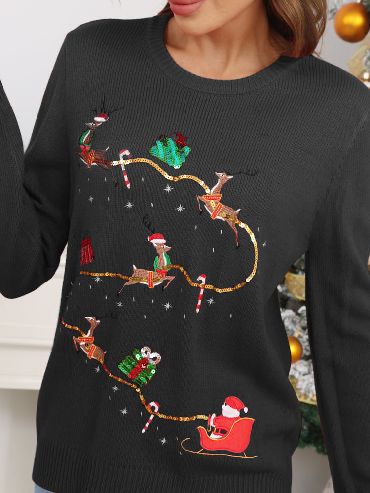 Christmas Reindeer Embroidered Knit Sweater