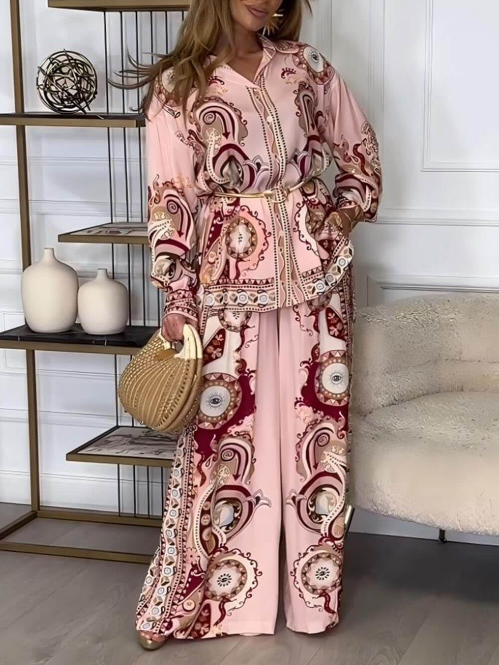 Modern and Exquisite Unique Satin Pattern Print Elastic Waist Loose Wide-leg Pants