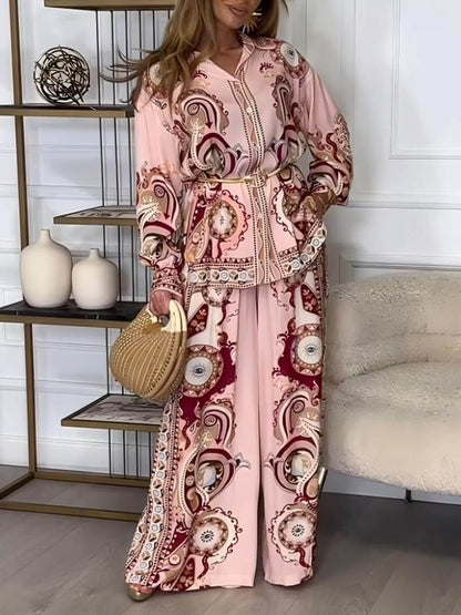 Modern and Exquisite Unique Satin Pattern Print Elastic Waist Loose Wide-leg Pants