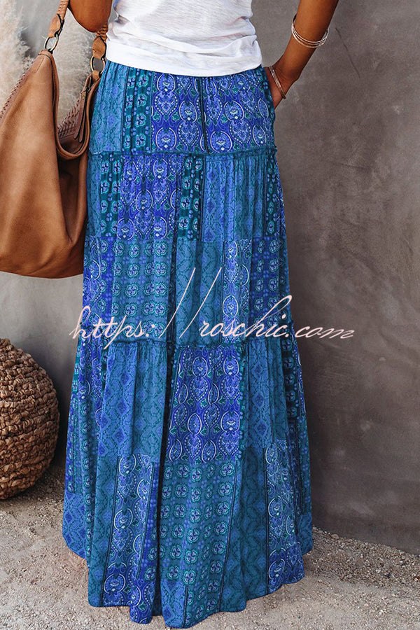 Print Stretch Elastic Waist Pocket High Waist Skirt