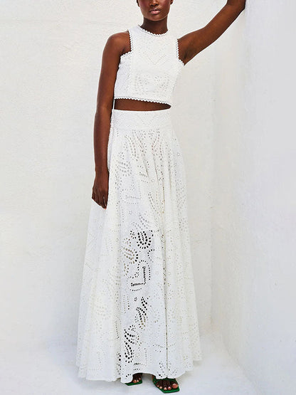 Exquisite Embroidered Hollow Lace Long A-line Skirt