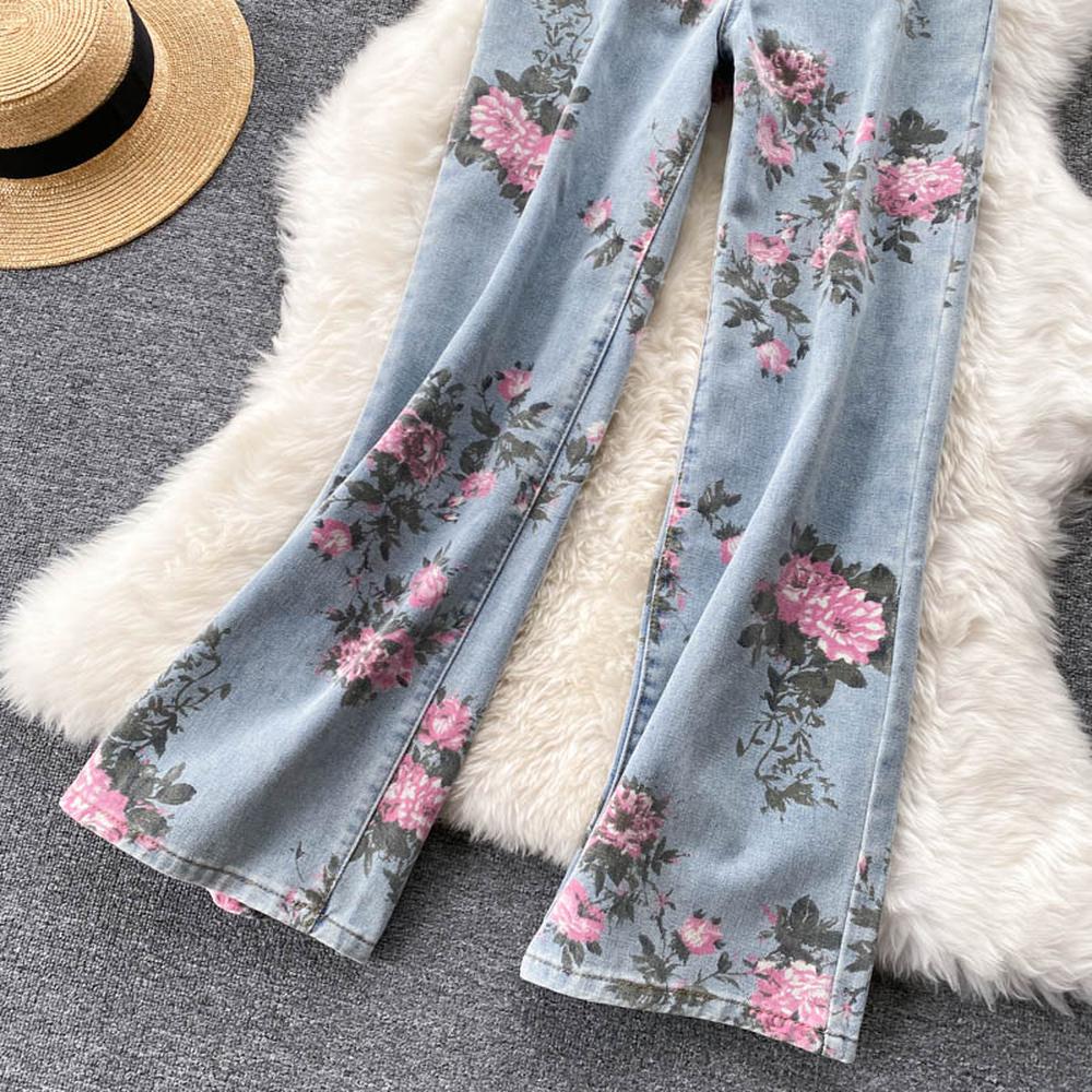 Blue Rose Print Wide Leg Denim Pants Ar1016
