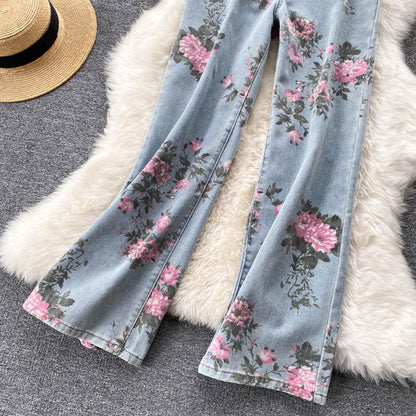 Blue Rose Print Wide Leg Denim Pants Ar1016