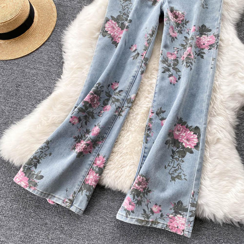 Blue Rose Print Wide Leg Denim Pants Ar1016