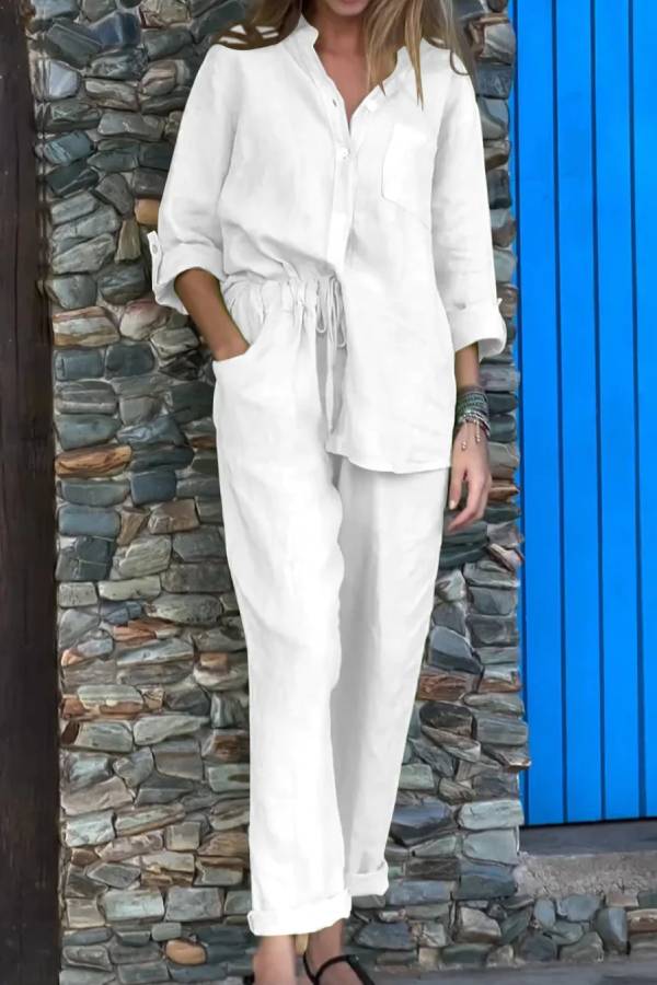 Color V-neck Shirt \u0026 Pants Cotton Linen Two-piece Set