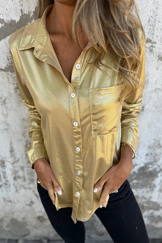 Holiday Look Metallic Loose Pocket Button-down Blouse