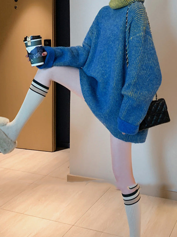 Design Loose Blue Contrast Color High-neck Long Sleeve Sweater An1054