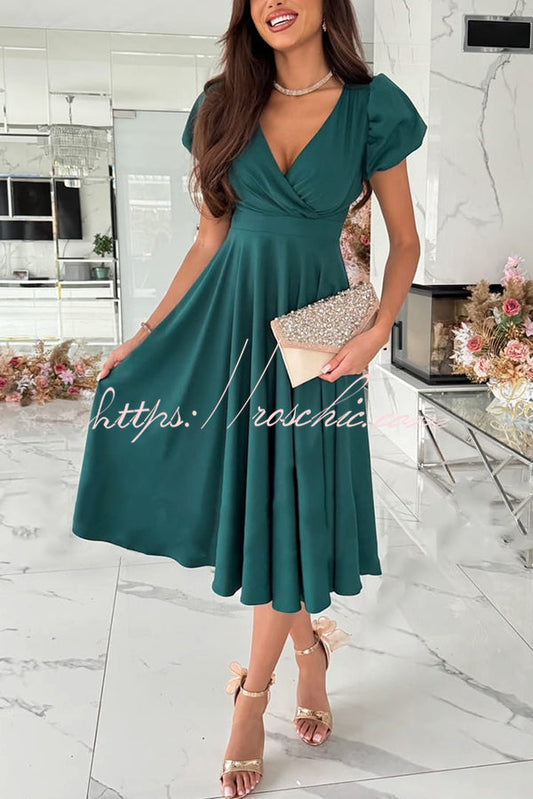 Zayla Color Puff Sleeve V-neck Waist Slim Fit Midi Dress