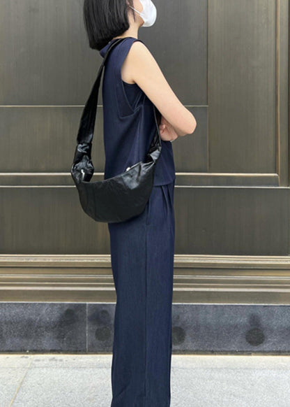 Stylish Navy O-neck Top and Wide Leg Pants Two Pieces Set Summer An1001