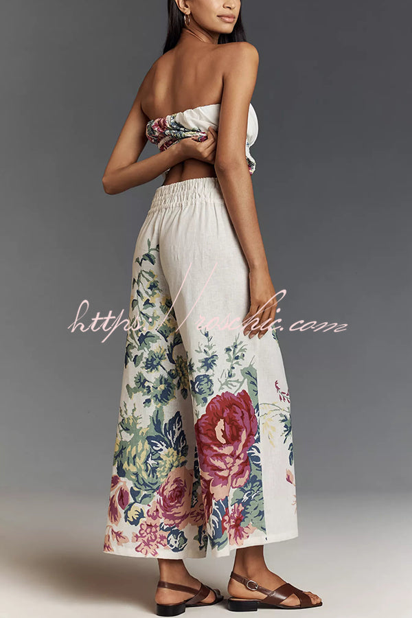 In to the Summer Linen Blend Print Elastic Bandeau and Elastic Waist Pocket Loose Pants Set