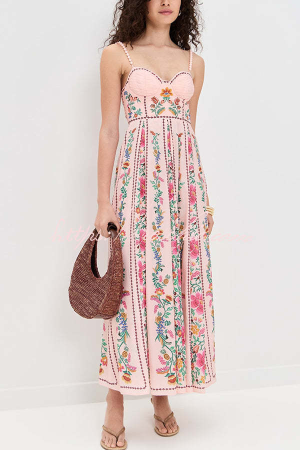 Delicate Forest Unique Print Sweetheart Neck Beaded Straps Maxi Dress