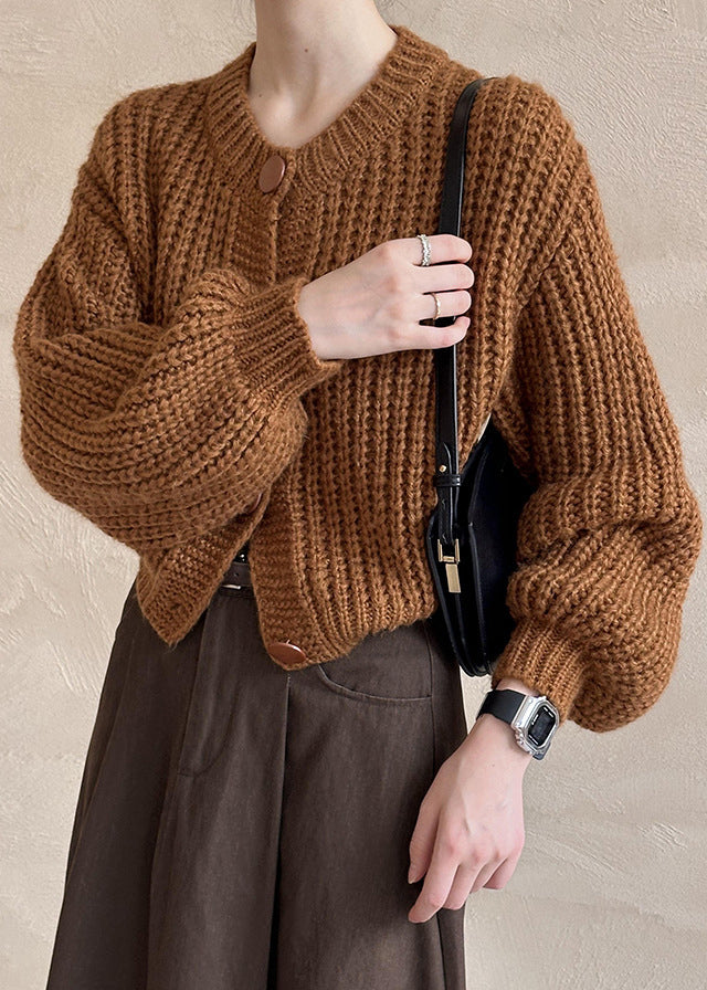 New Brown O Neck Hollow Out Cotton Knit Cardigan Fall Af1014
