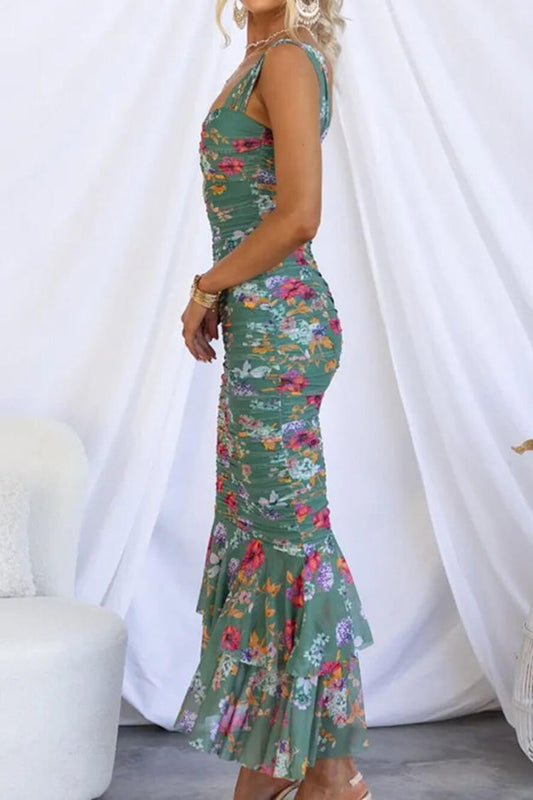 Styled to Perfection Ruched Mesh Overlay Ruffle Hem Maxi Dress