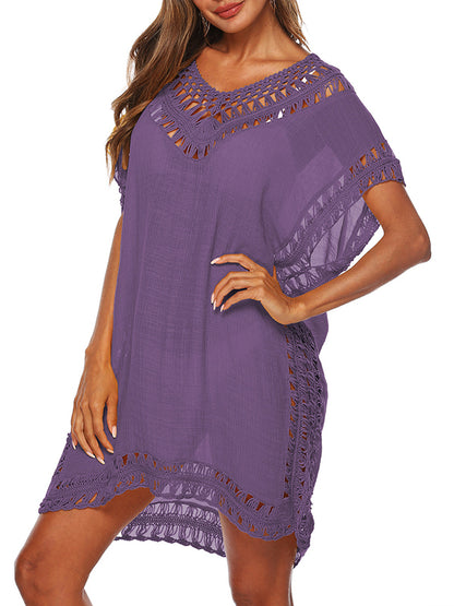 Loose Raglan Sleeve Hollow See-through Color Split-joint V-neck Mini Dresses